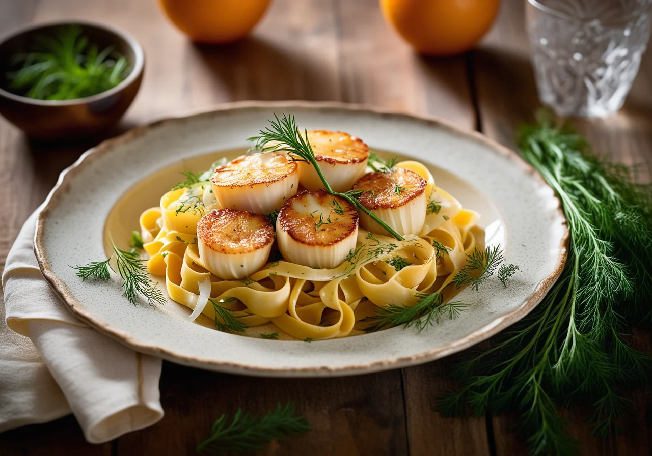 Jakobsmuscheln mit fruchtiger Fenchelsauce und Nudeln