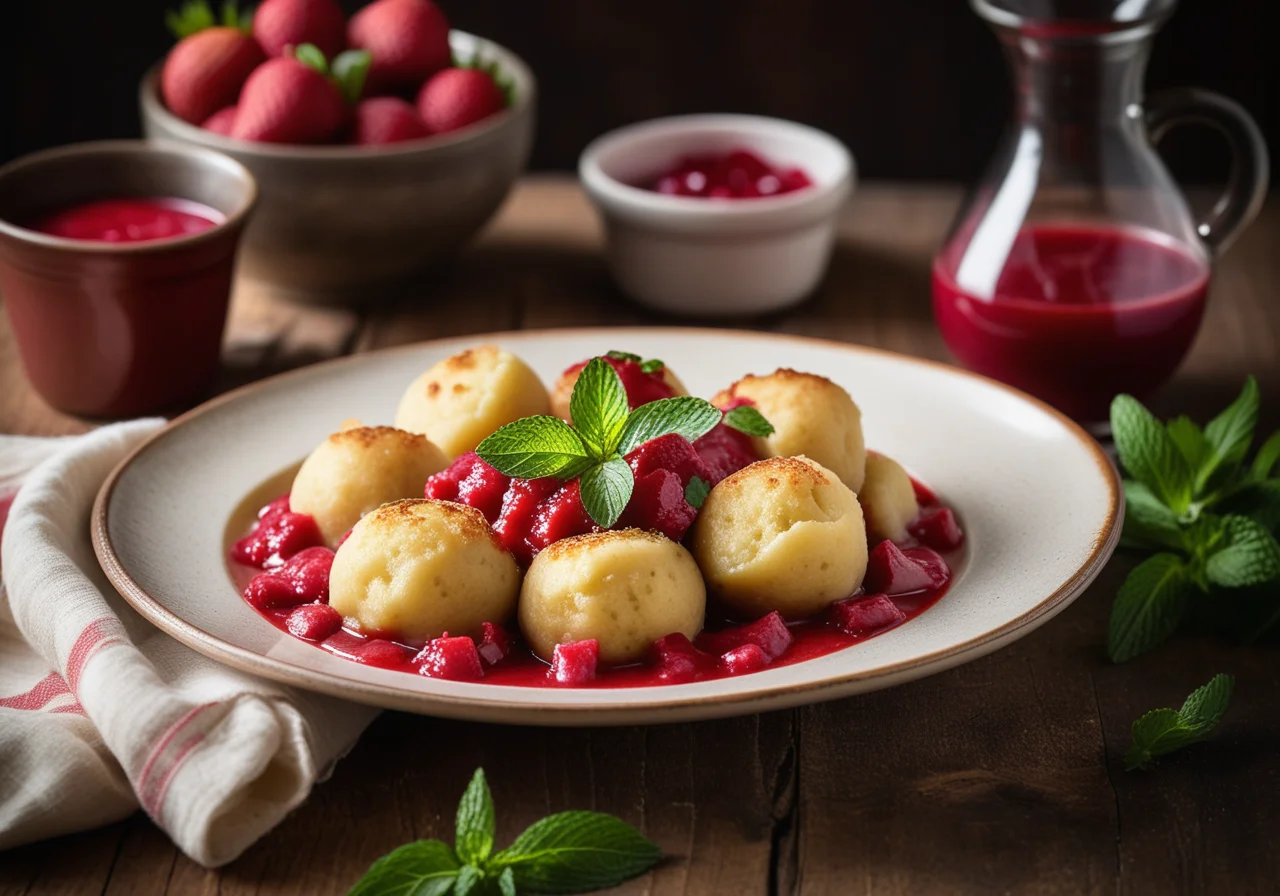 Potato Dumplings in Strawberry‑Rhubarb Sauce