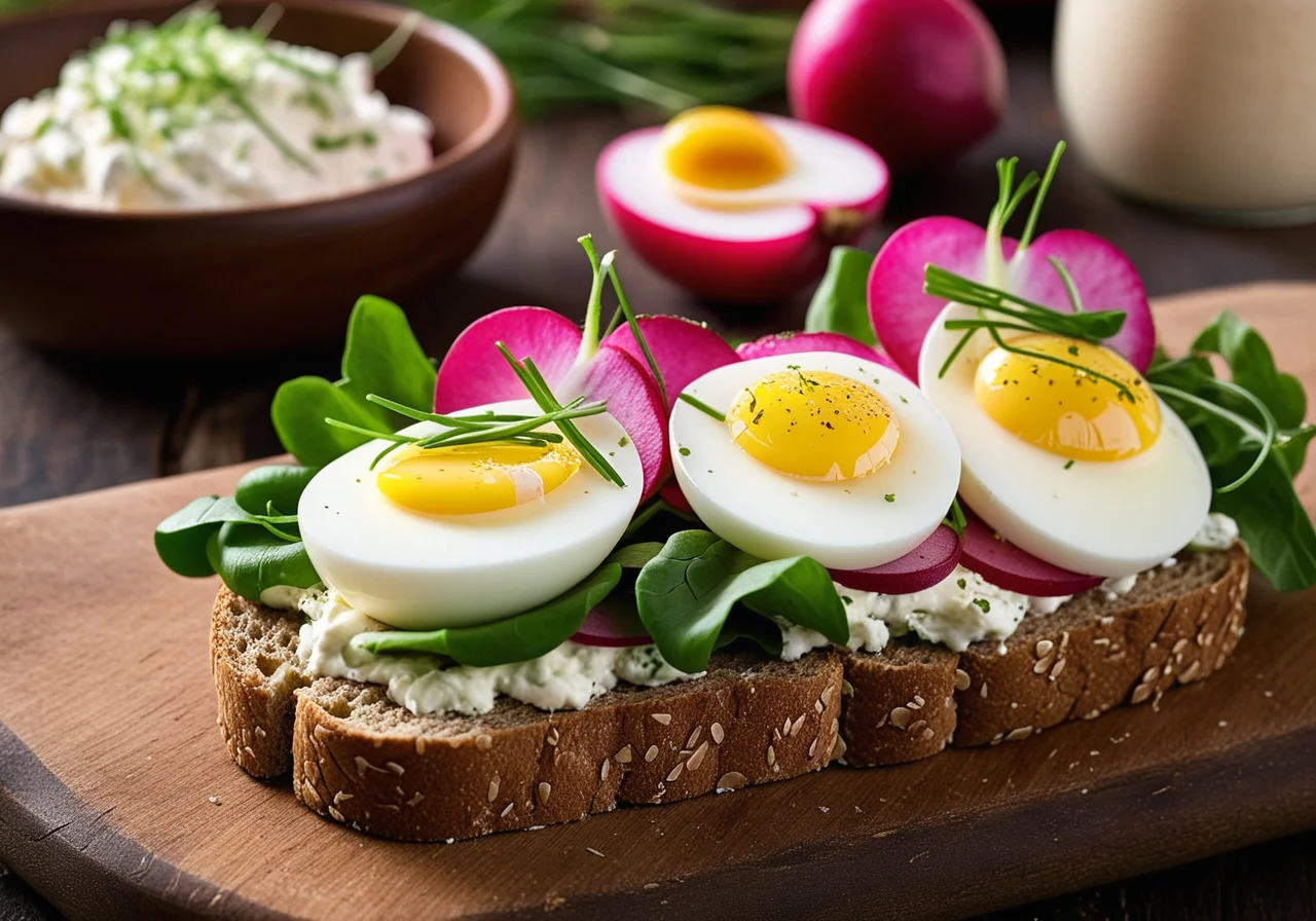 Slice of Whole Grain Bread with Cottage Cheese, Radishes, Sprouts and Egg
