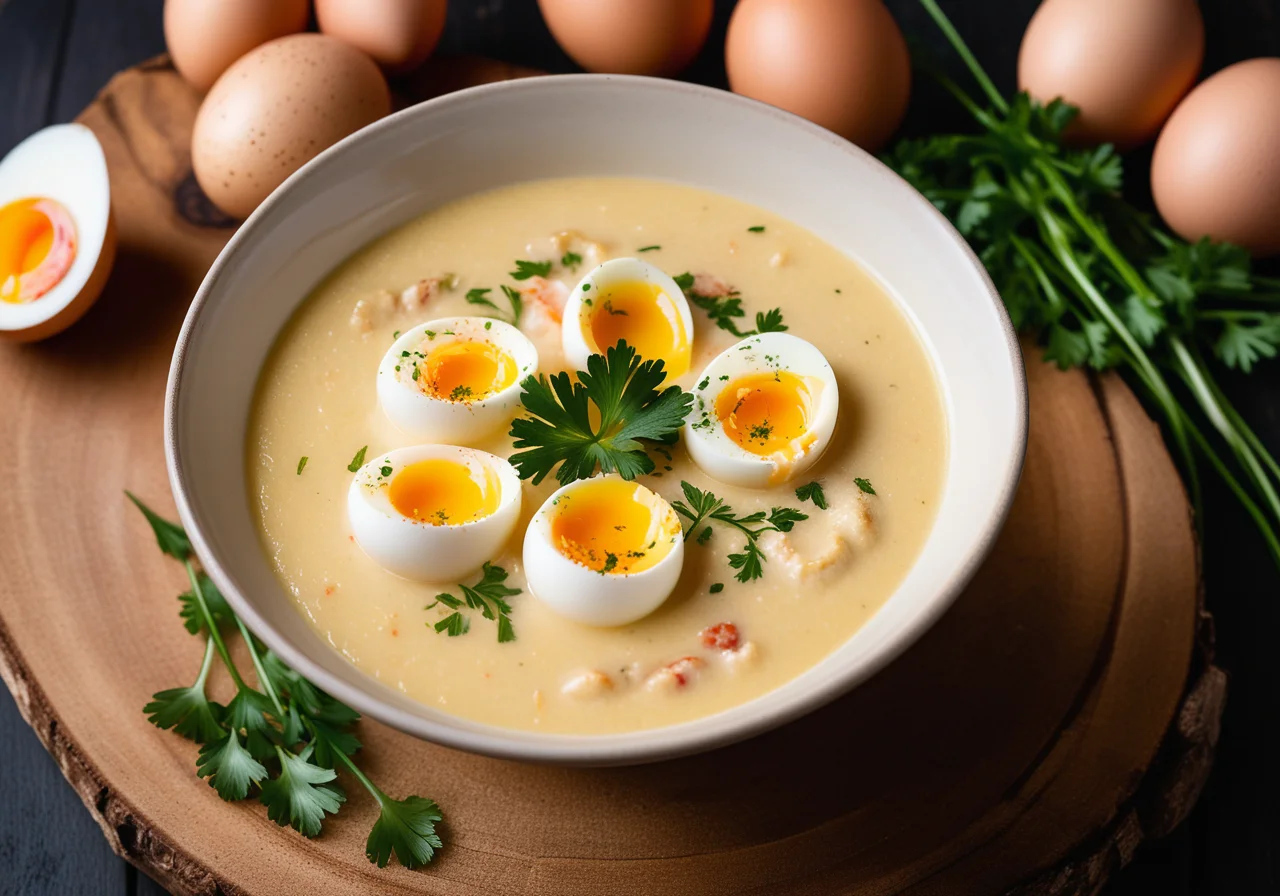 Festive Potato Soup with Shrimp and Quail Eggs