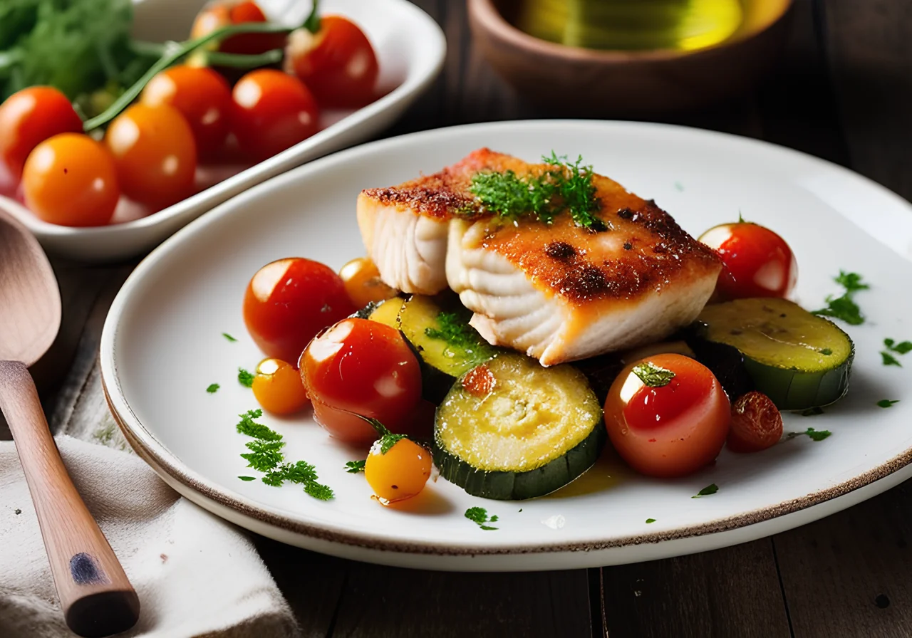 Fish and Zucchini Casserole with Cherry Tomatoes