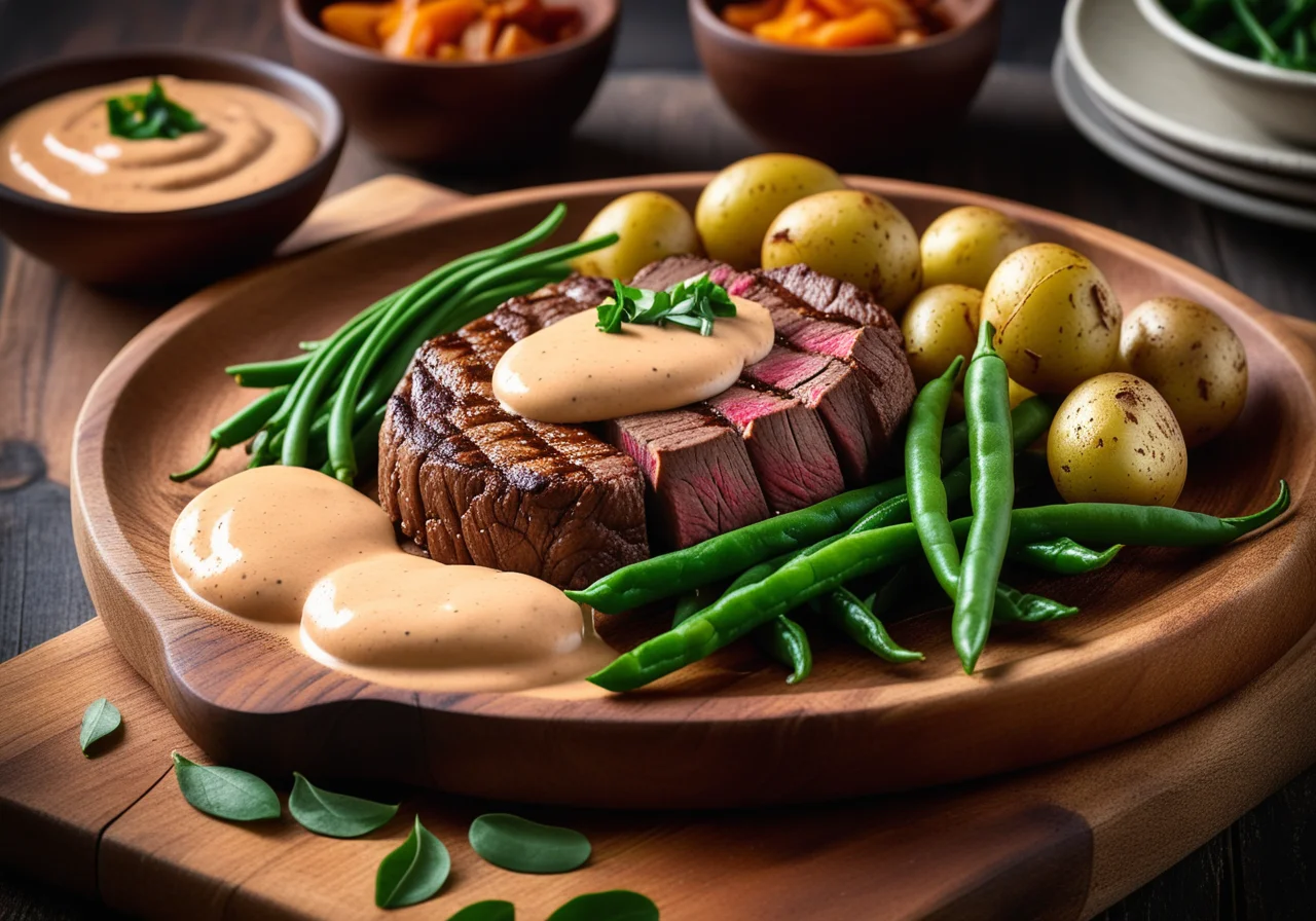 Steak with Pepper Sauce and Side Dish