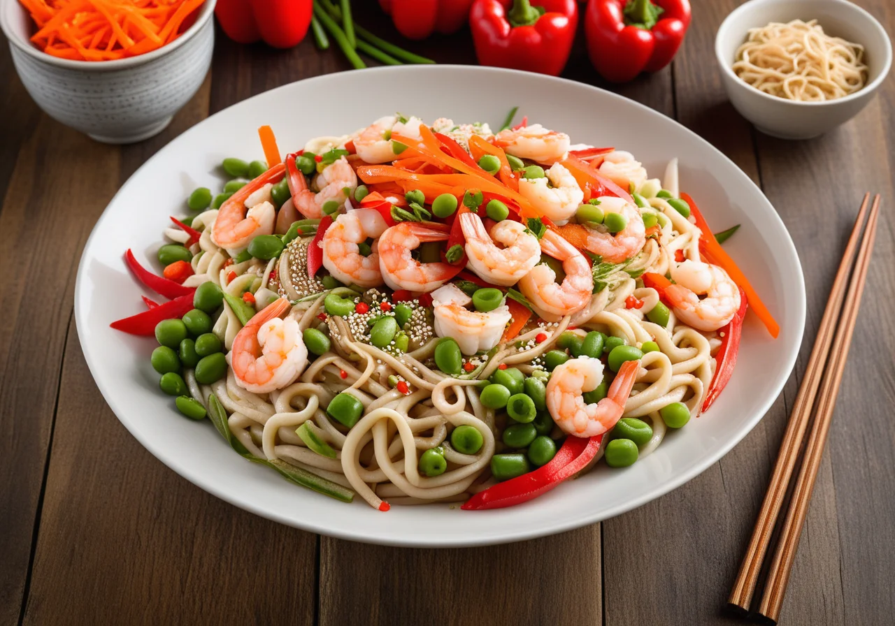 Shrimp Chicken Salad with Vegetables and Asian Noodles
