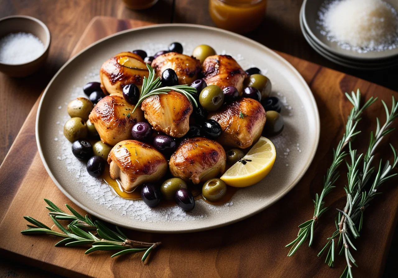 Chicken thighs embedded in potatoes and olives