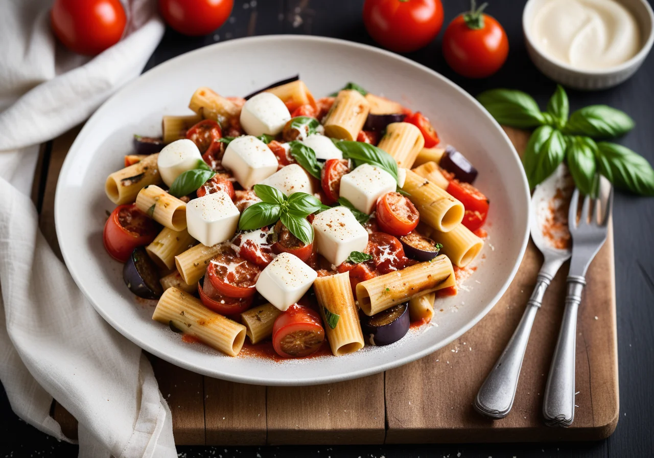 Pasta with Eggplant, Tomatoes and Mozzarella