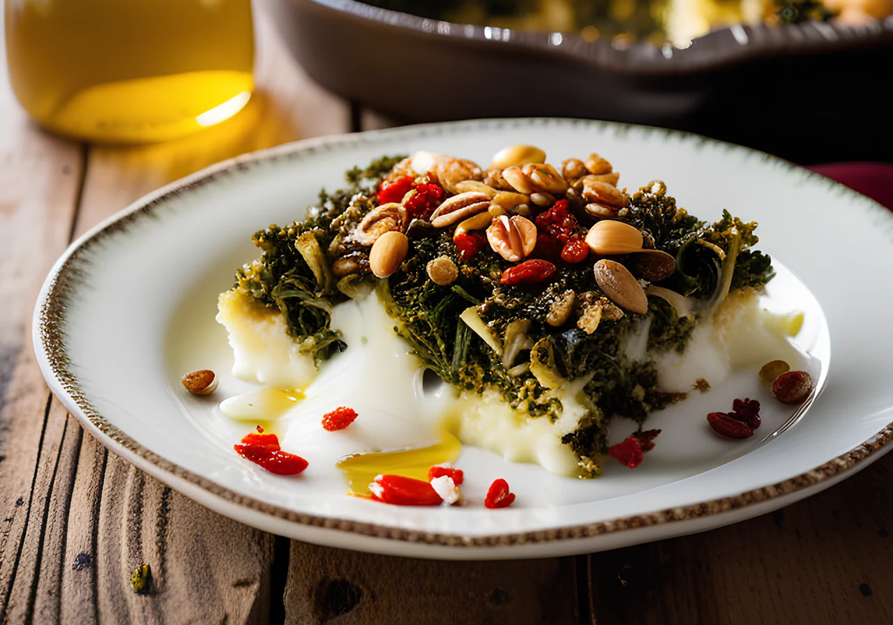 Kale Casserole with Mozzarella, Pistachios and Chili