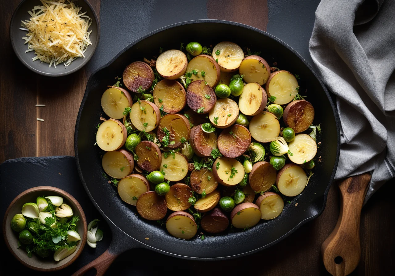 Potato Brussels Sprouts Pan with Goose Meat