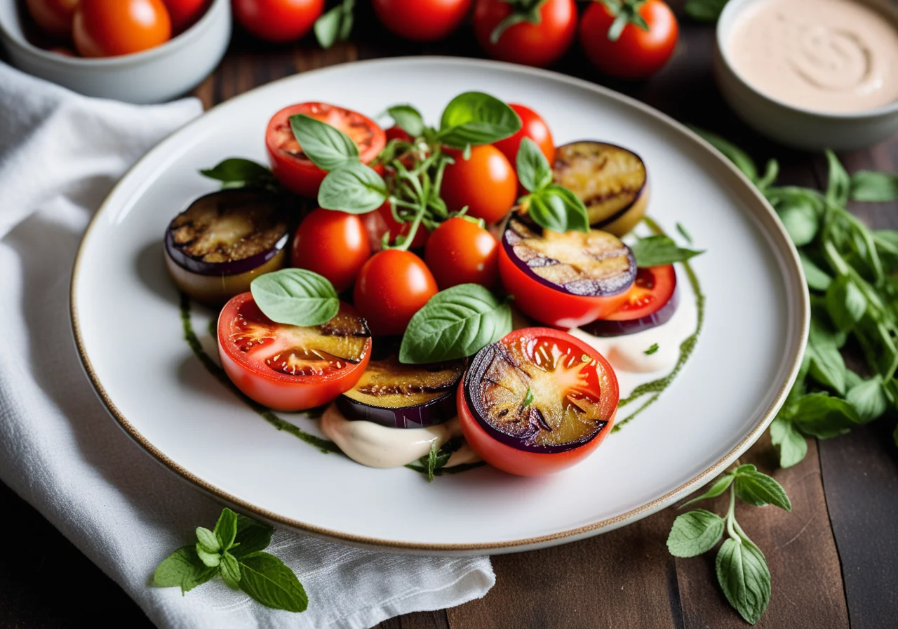 Eggplant Tomato Salad with Mint Yogurt Dressing