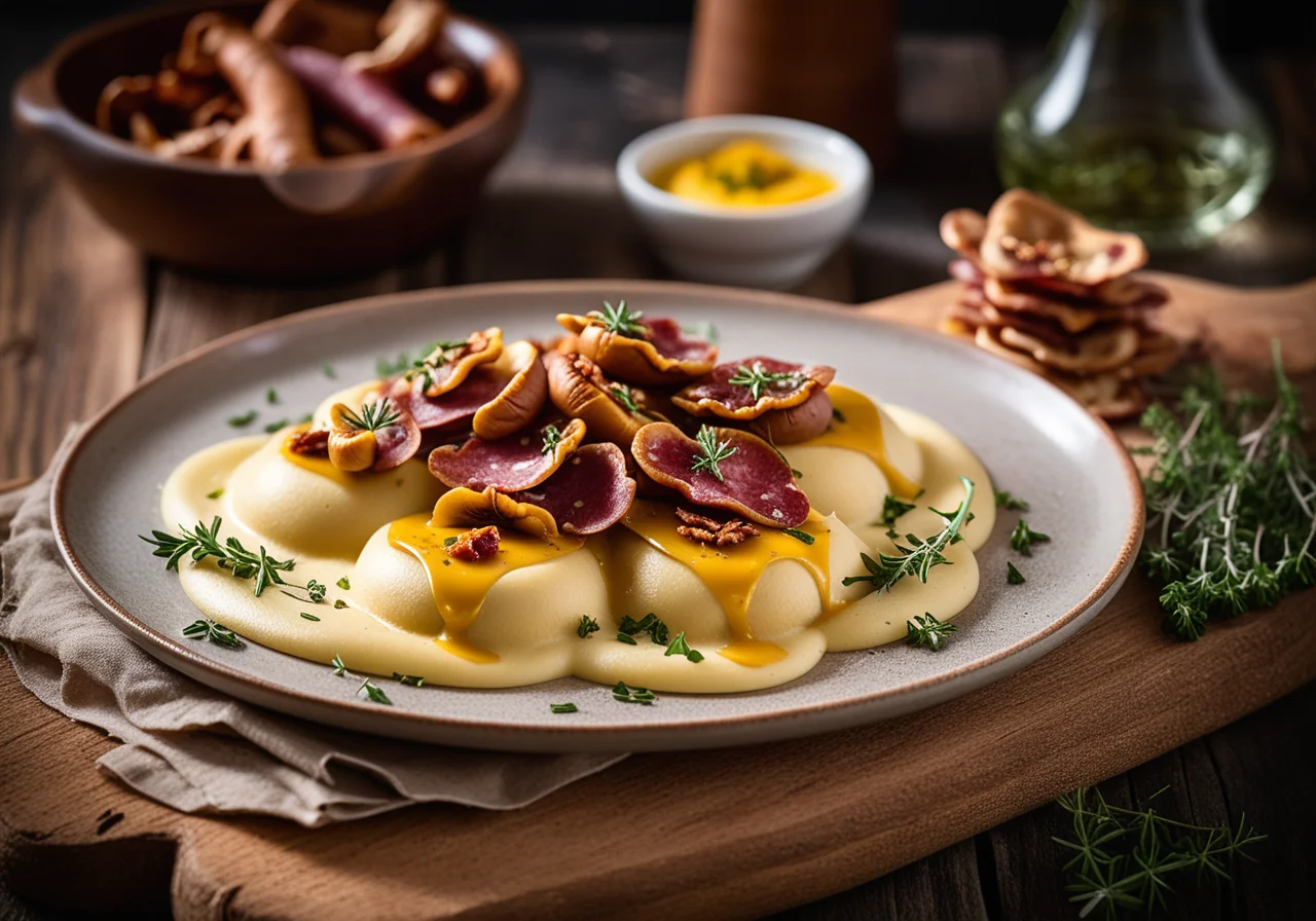 Ricotta Ravioli with Chanterelles, Salami and Thyme