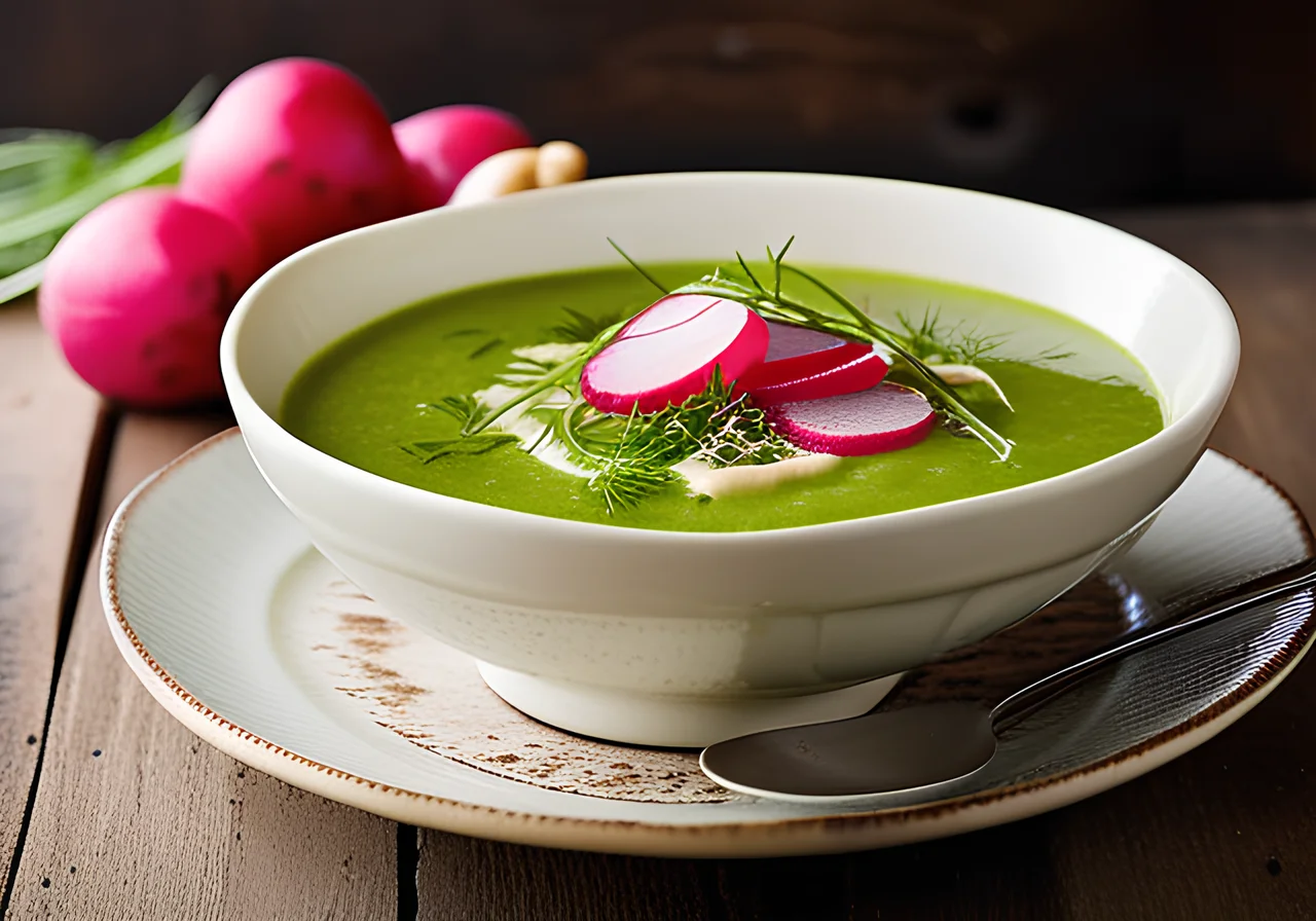 Pea Cream Soup with Radishes and Herbs