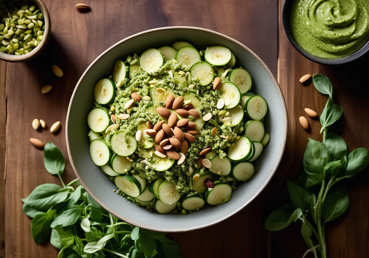 Zucchini Pea Salad with Artichokes and Pistachio Pesto