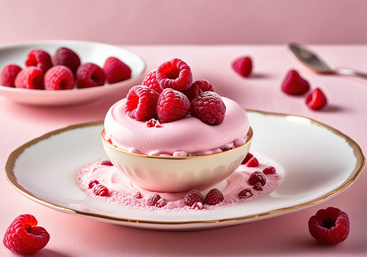 Rose Yogurt Ice Cream with Raspberry Mousse in Meringue Cups
