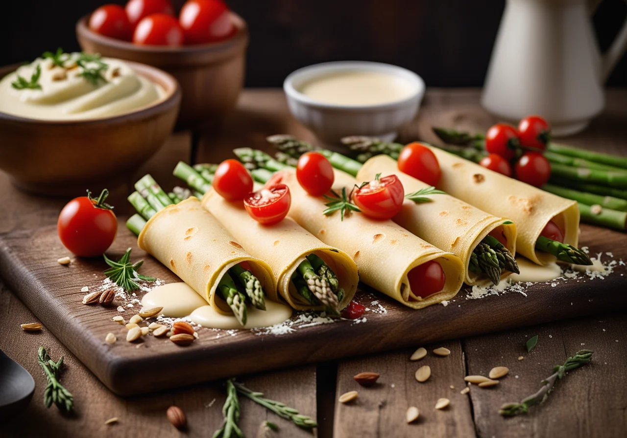 Baked Crepe Rolls Filled with Asparagus