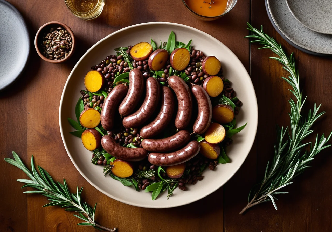 Wild Duck Sausages with Lentils and Potatoes