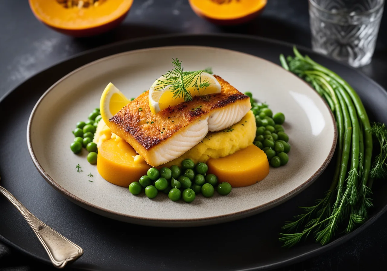 Oven-Crispy Fish with Colorful Veggie Purée and Dill Dip