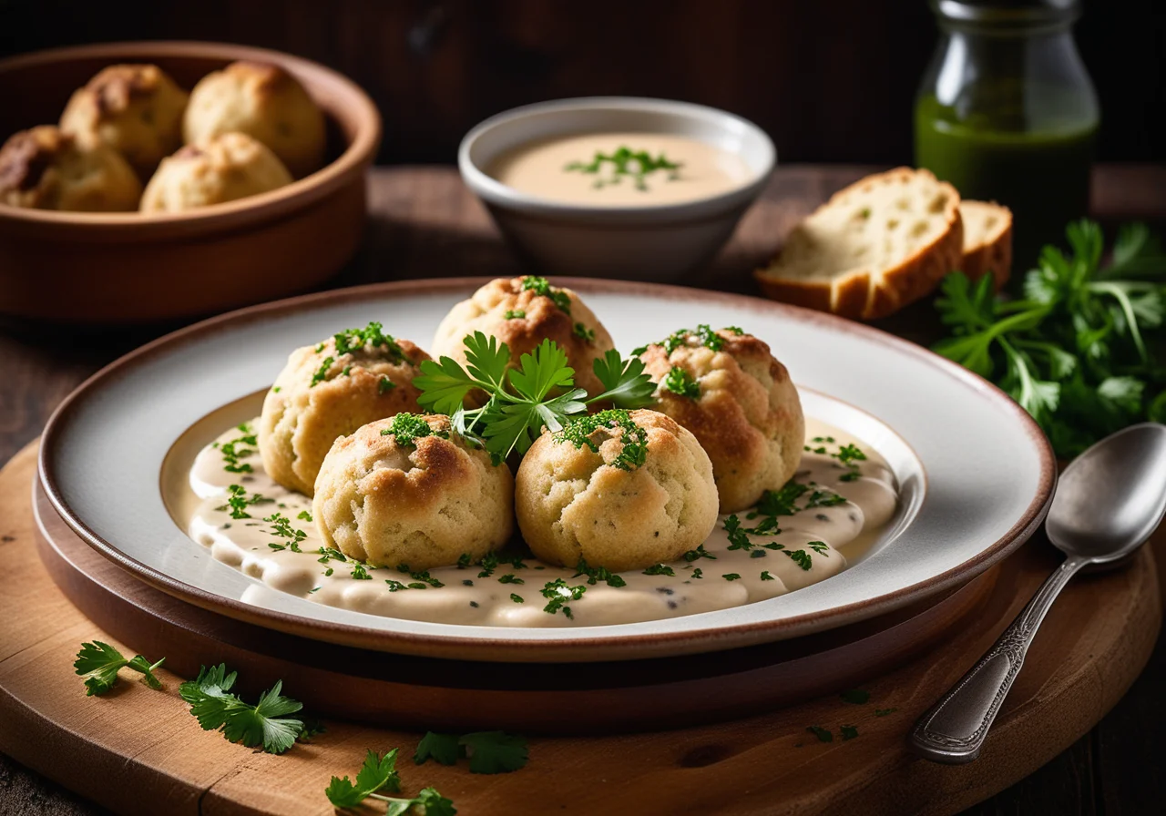 Bread and Bean Dumplings with Mushroom Sauce
