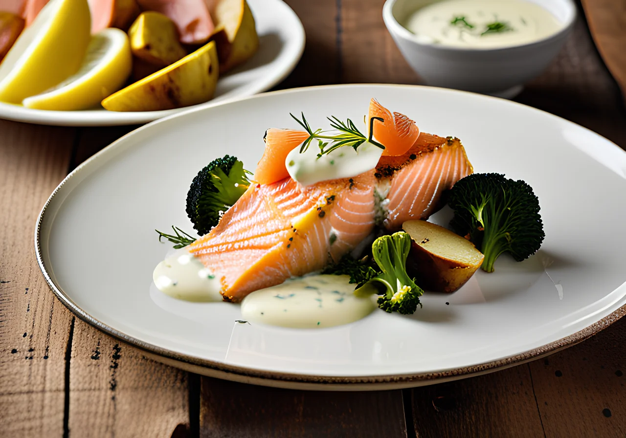 Smoked Salmon with Potatoes, Lemon Sauce and Broccoli Casserole
