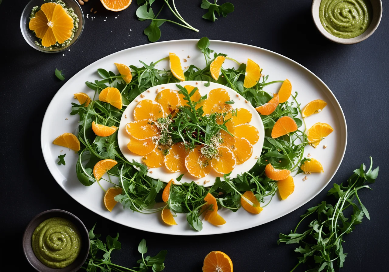 Carpaccio with Orange, Kohlrabi and Wild Rocket-Peanut Pesto
