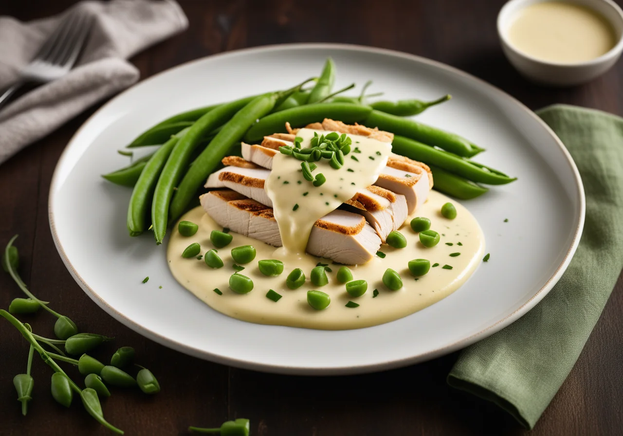 Chicken Fillet with Cheese Sauce and Sugar Snap Peas