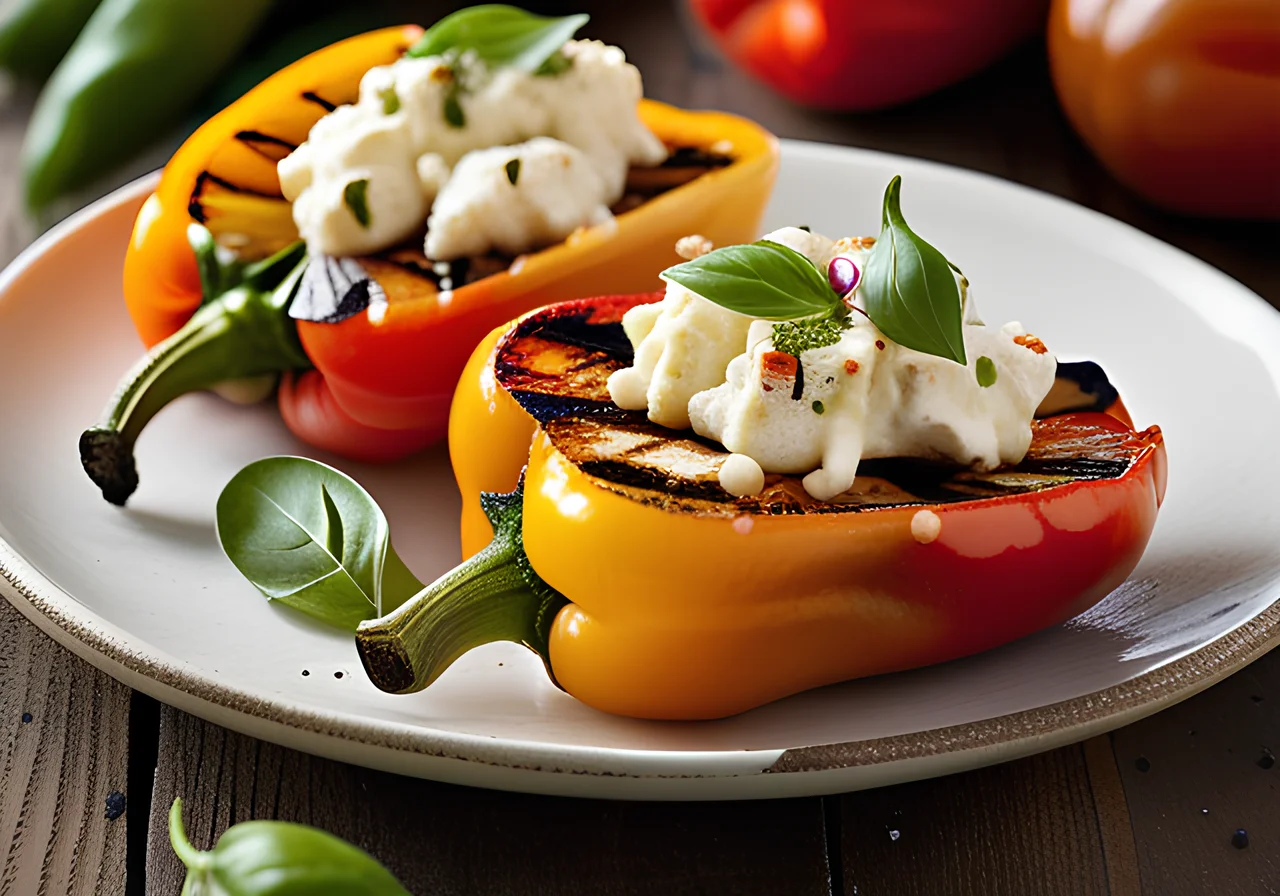 Grilled Half Bell Peppers with Sheep Cheese Tomato Filling