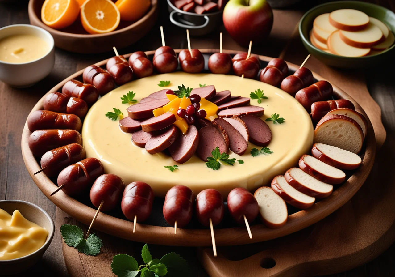 Cheese Fondue with Sausage Pieces