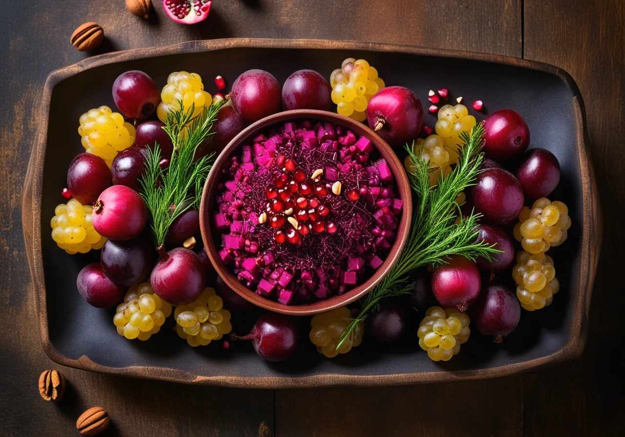 Red Beet Salad with Pomegranate Seeds and Grapes
