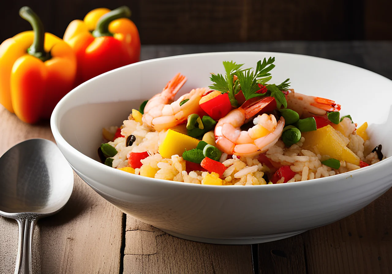 Shrimp Rice Skillet with Mango, Beans and Bell Pepper