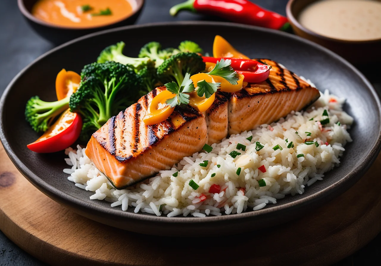 Grilled Salmon with Broccoli-Coconut Sauce and Rice