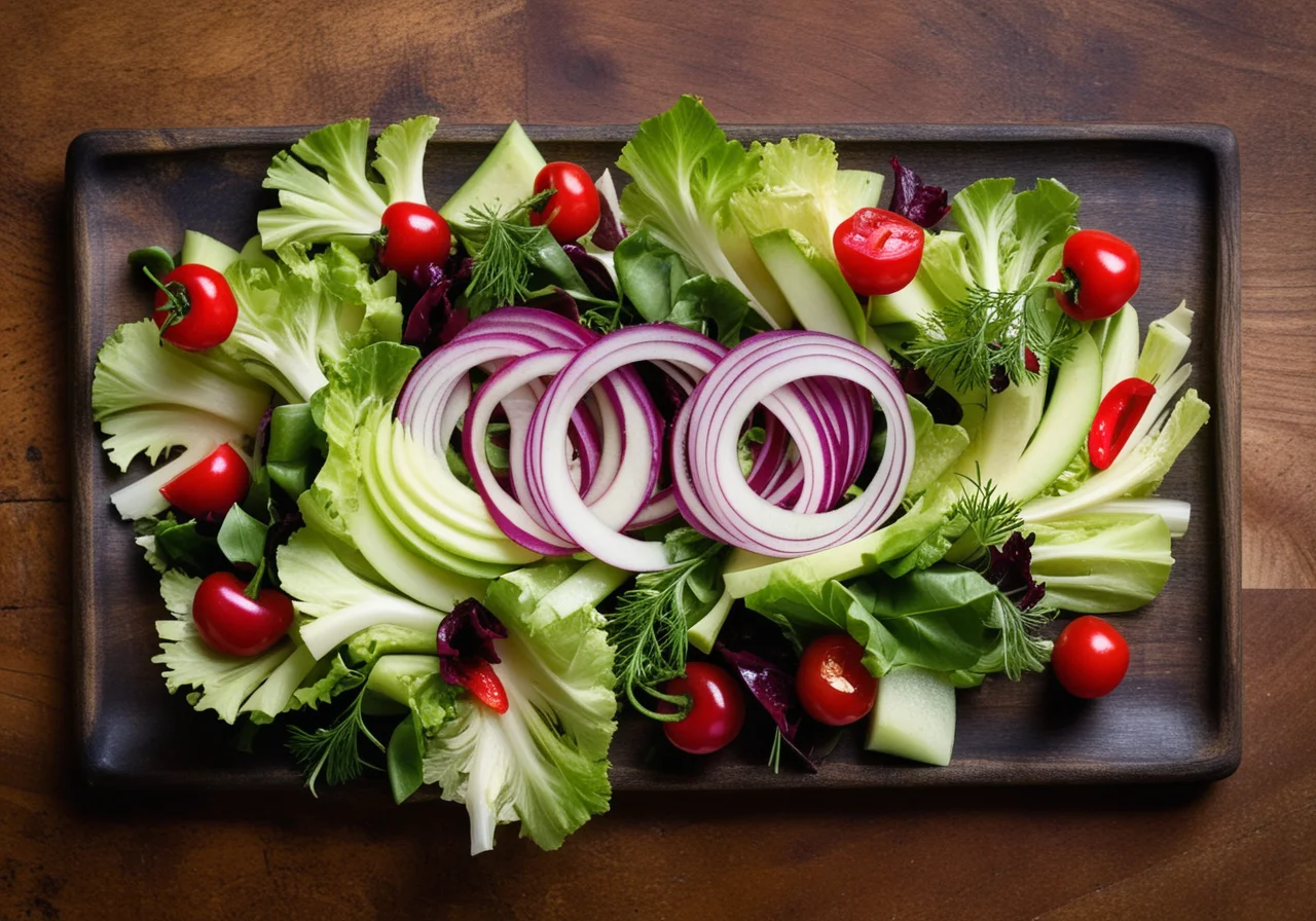 Green Salad with Artichoke Hearts, Cherry Tomatoes, Onions and Mustard Garlic Vinaigrette