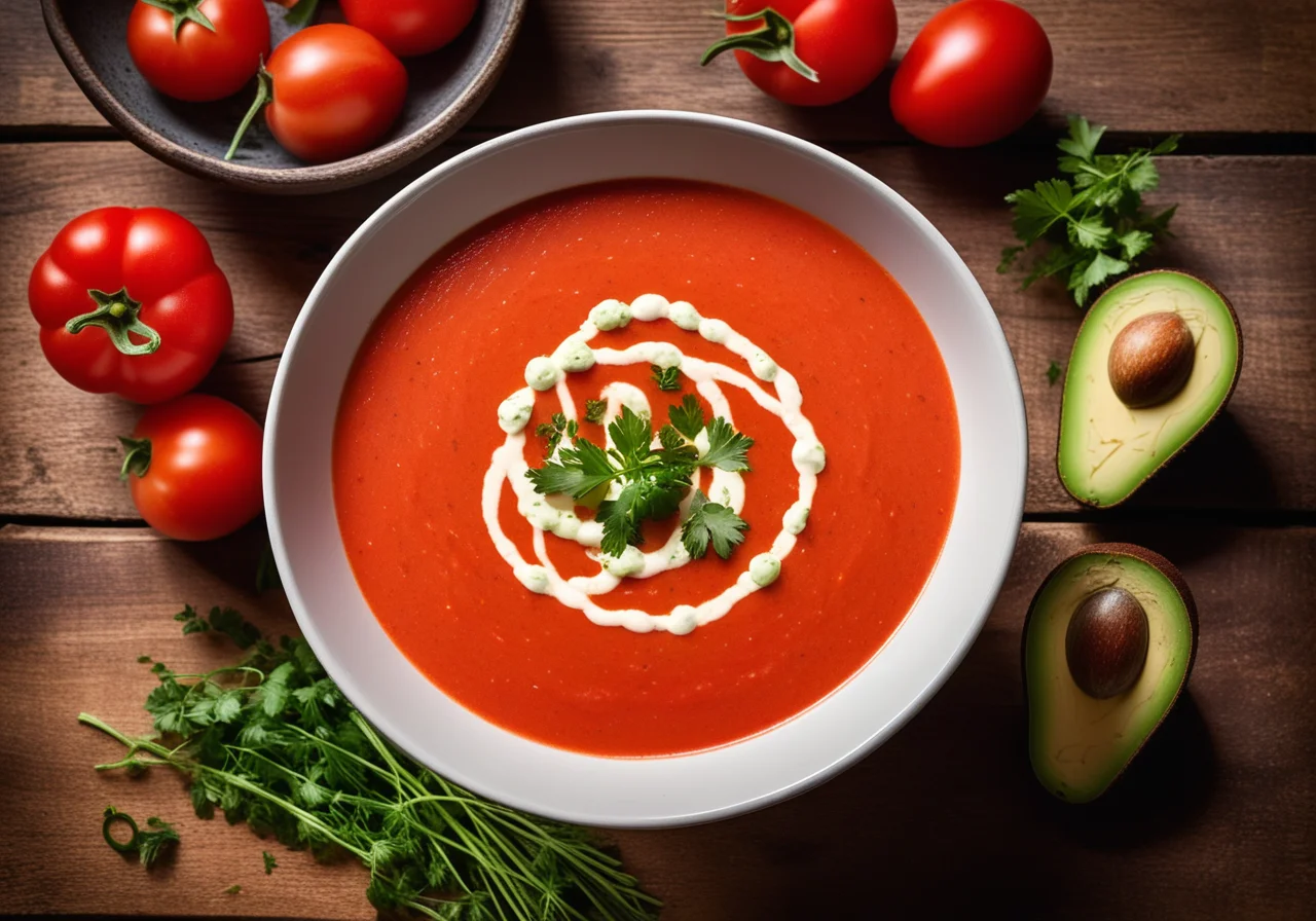 Tomato Soup with Chili Avocado Garnish