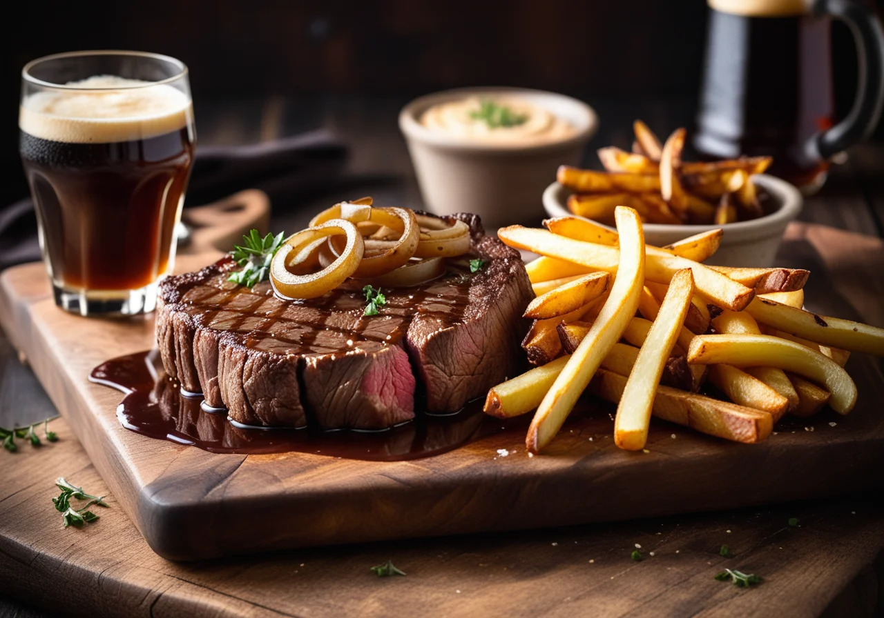 Beef steak with beer onion sauce and French fries