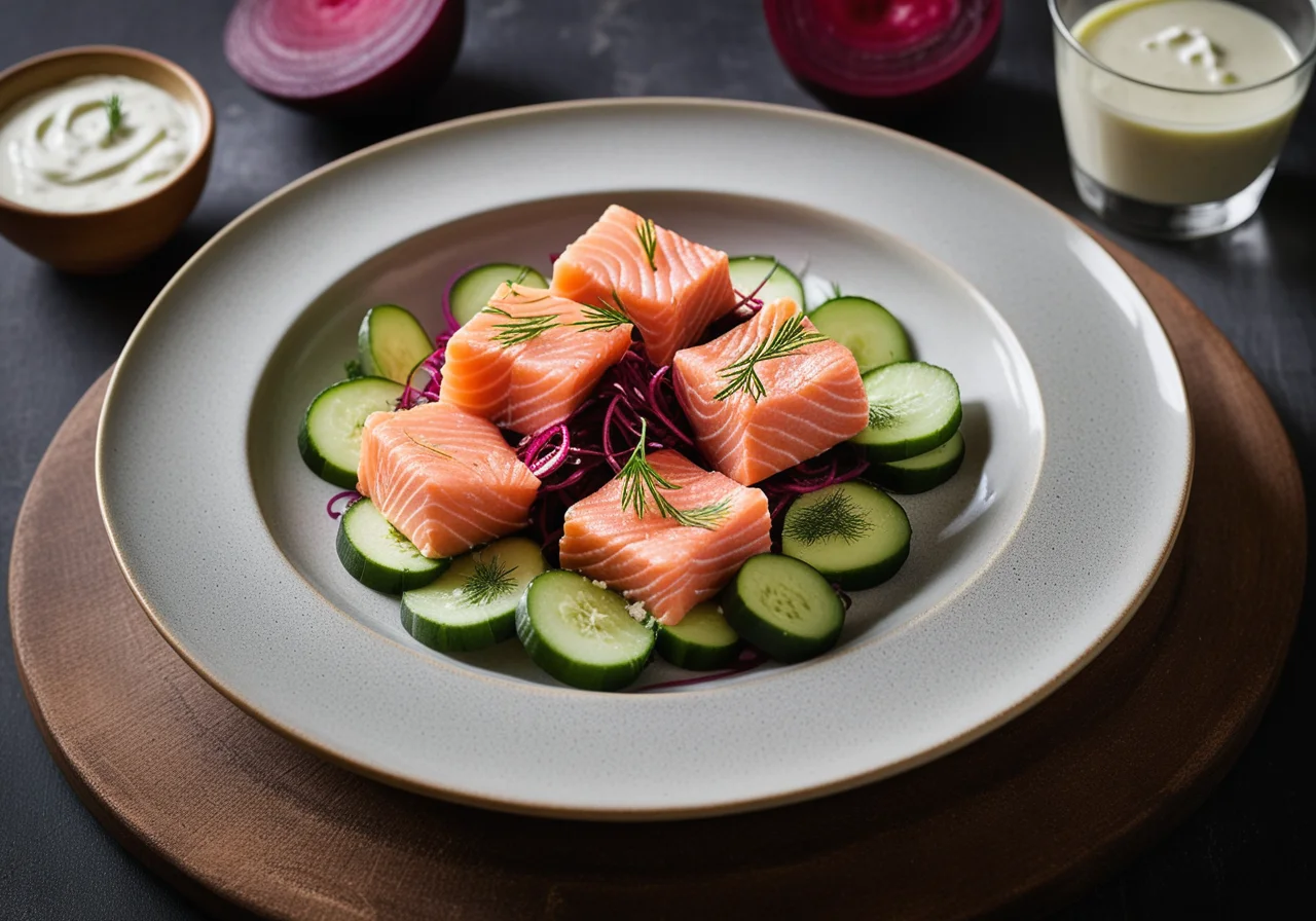 Raw salmon with vegetable salad