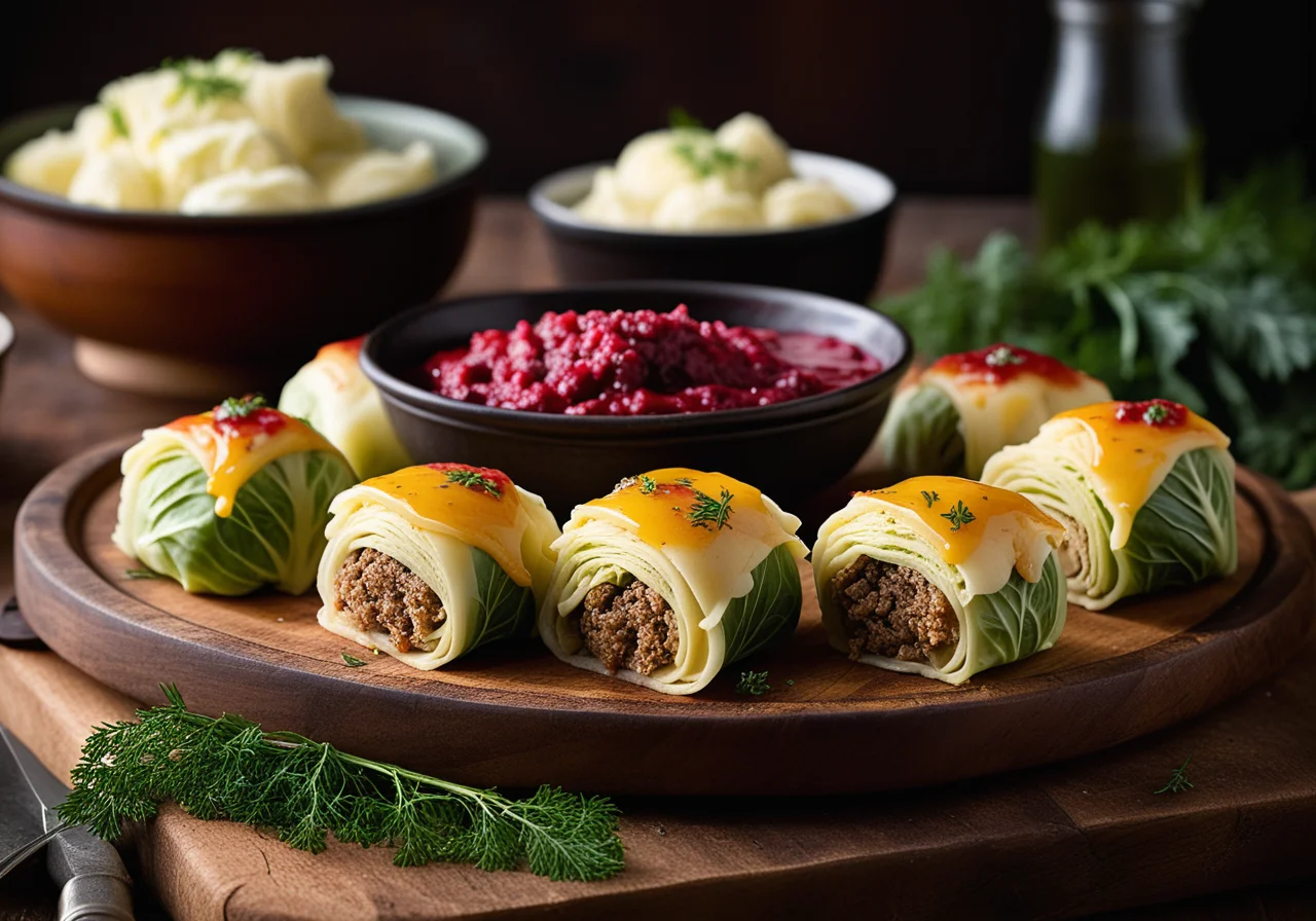 Cabbage Rolls with Mashed Potatoes and Lingonberries