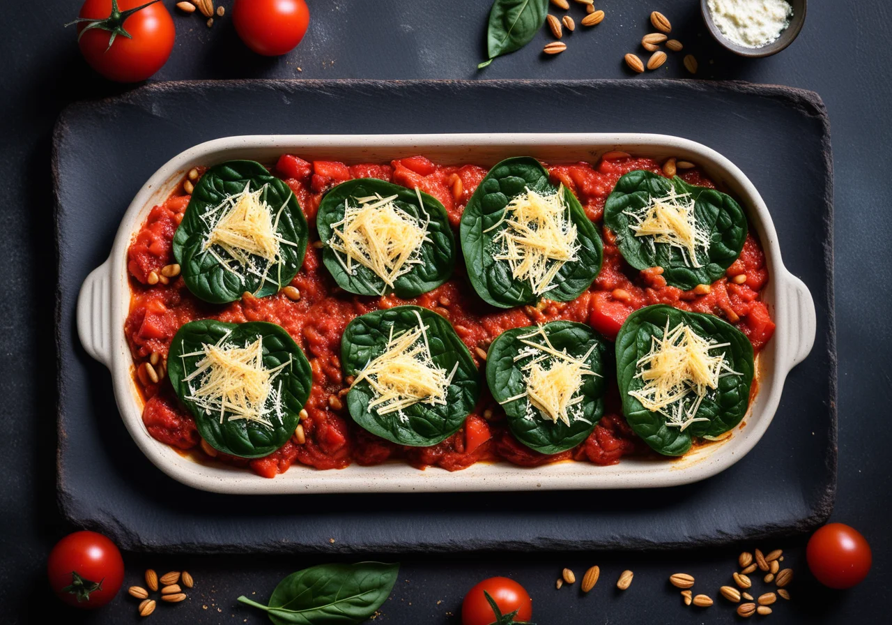 Baked Spinach Rotolos in Tomato Sauce