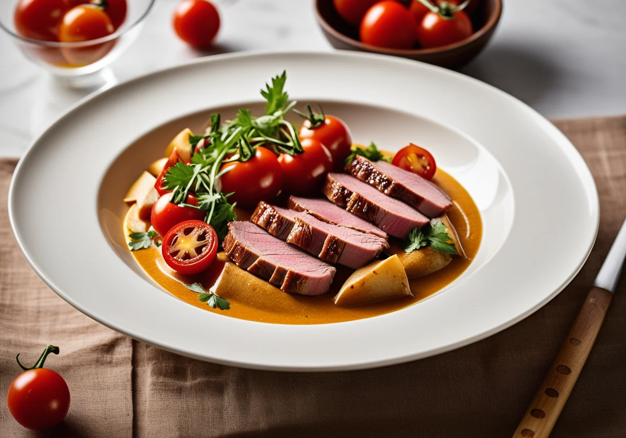 Duck Breast with Bamboo Shoots, Tomatoes and Coconut Sauce