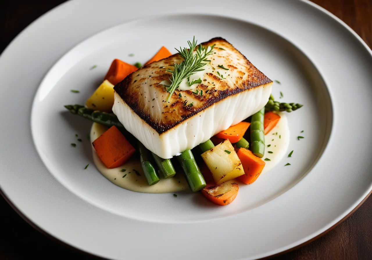 Halibut fillet with vegetables and wine foam sauce