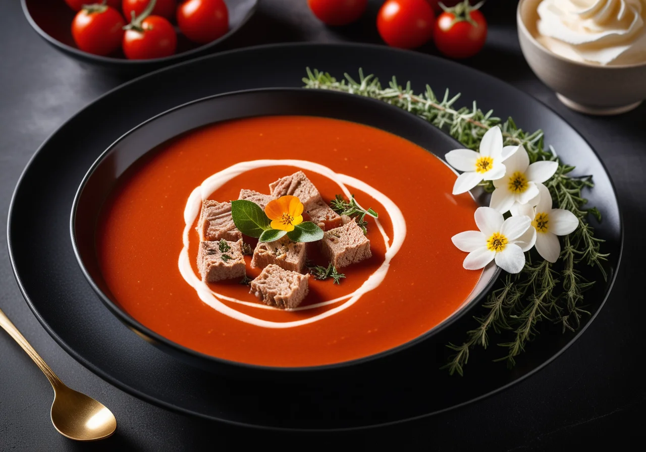 Spicy Tomato Soup with Tuna Cubes and Cream Topping
