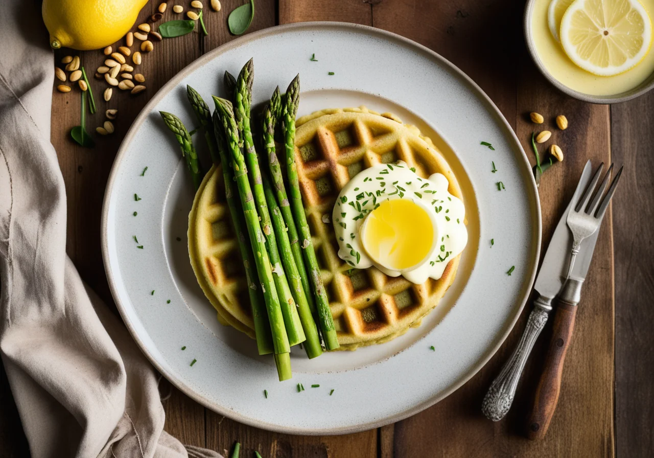 Spinach Waffles with Asparagus Topping