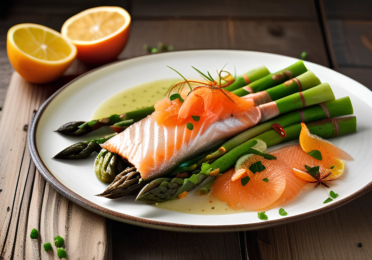 Asparagus with Salmon Trout and Nut Vinaigrette