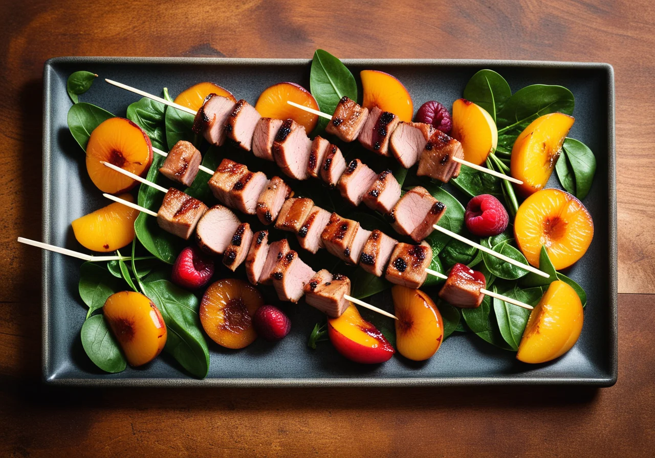 Fruit and Meat Skewers with Spinach Veggies