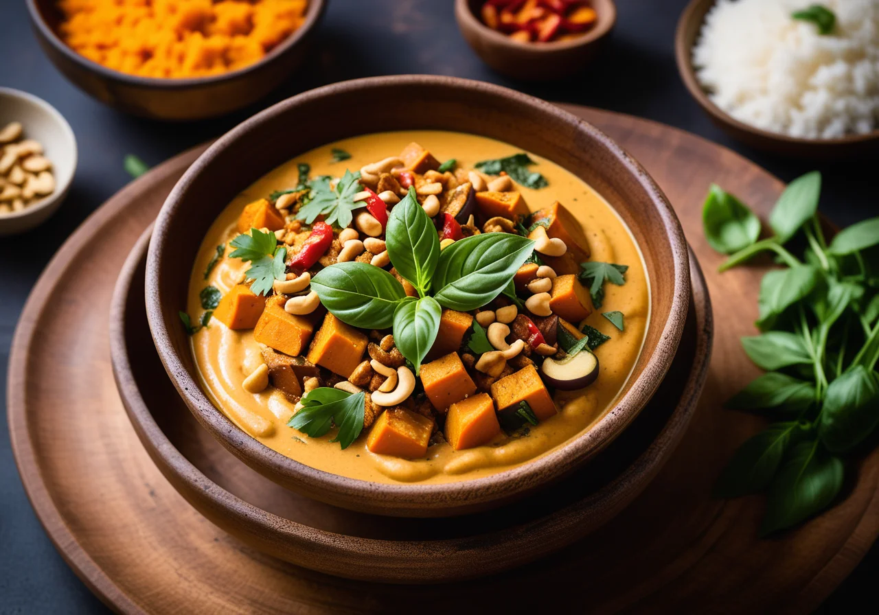 Sweet Potato Eggplant Curry with Rice Herb Topping