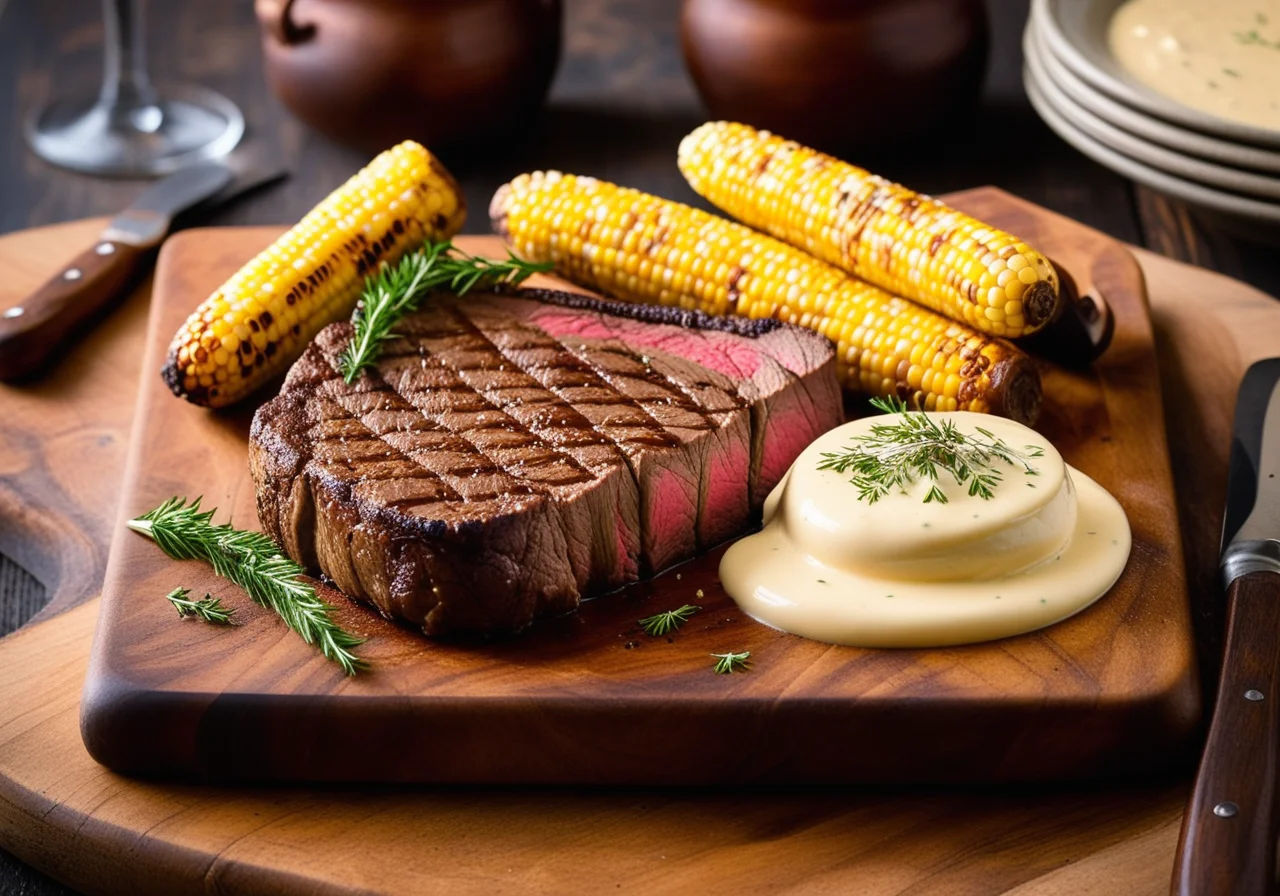 Steak with Corn on the Cob, Grilled Tomato and Oven Roasted Potatoes