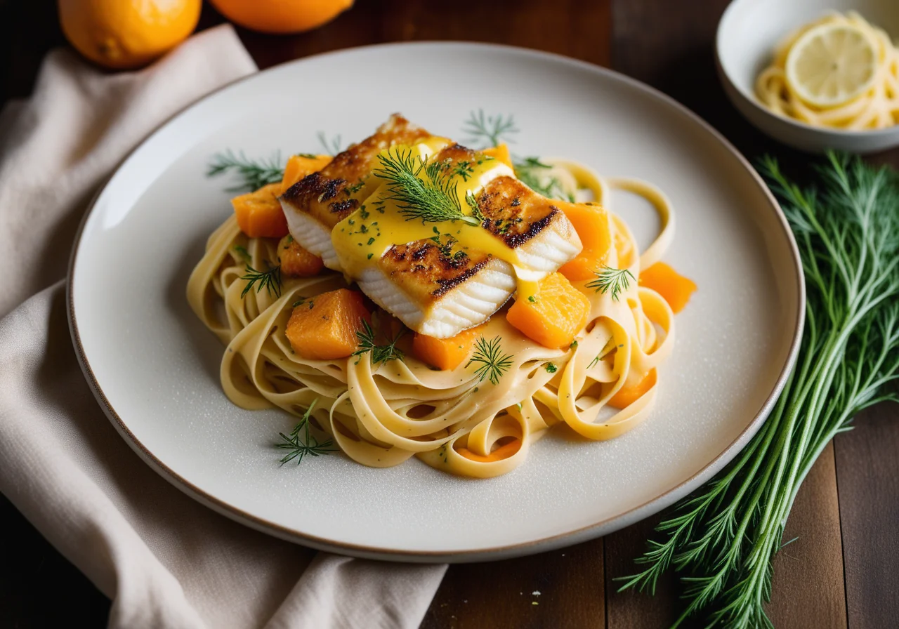 Pike Perch Fillet with Black Turnip Vegetables, Carrot Dip and Pasta