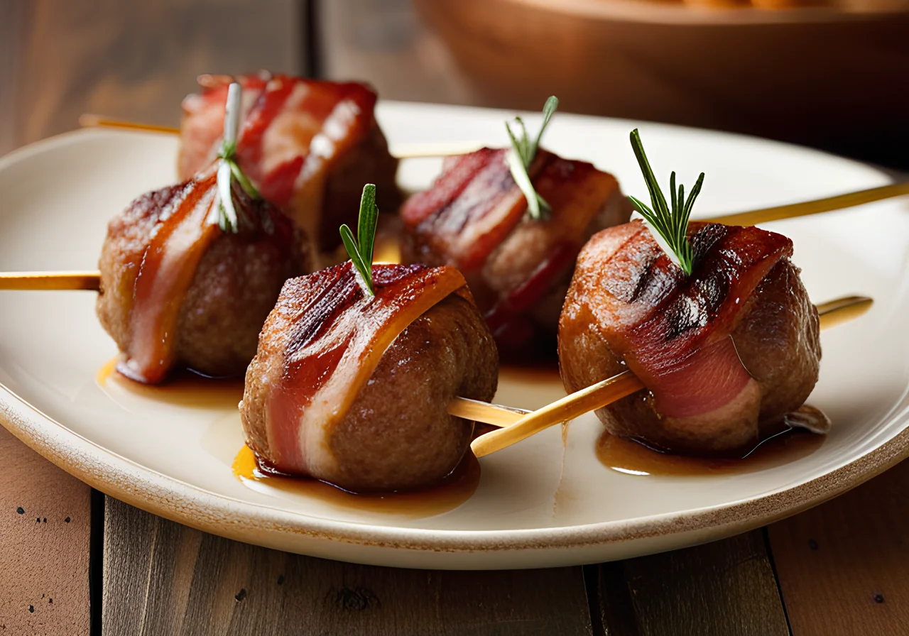 Meatballs Wrapped in Bacon on a Skewer