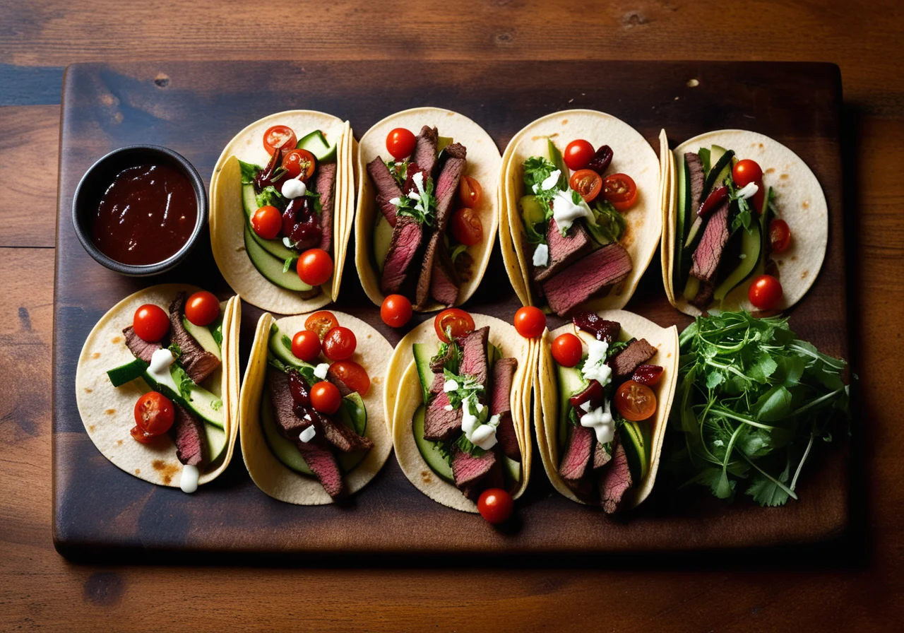 Tacos filled with vegetable salad and steak strips