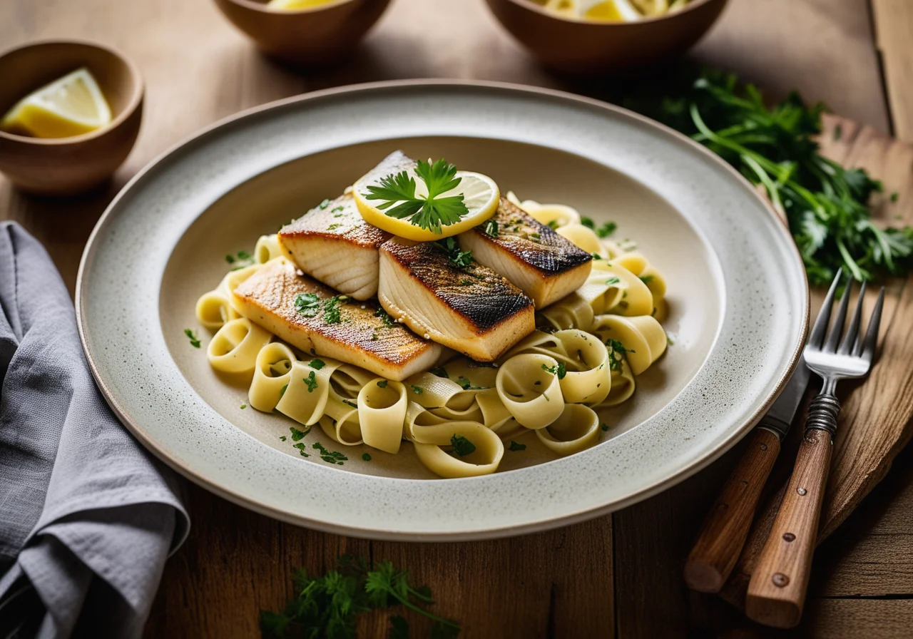 Sea bass on mussel pasta with leeks