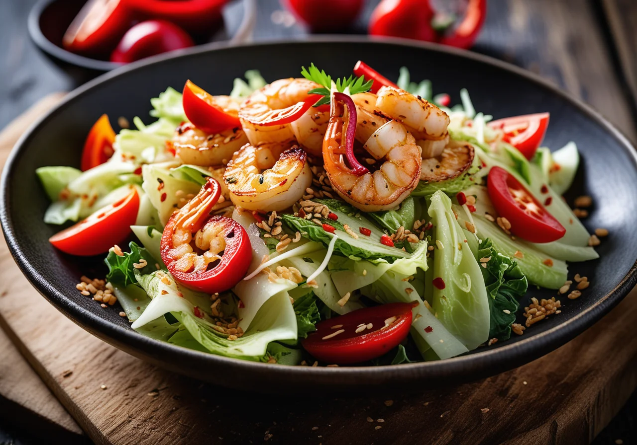 Asian-style cabbage salad with fried scampi