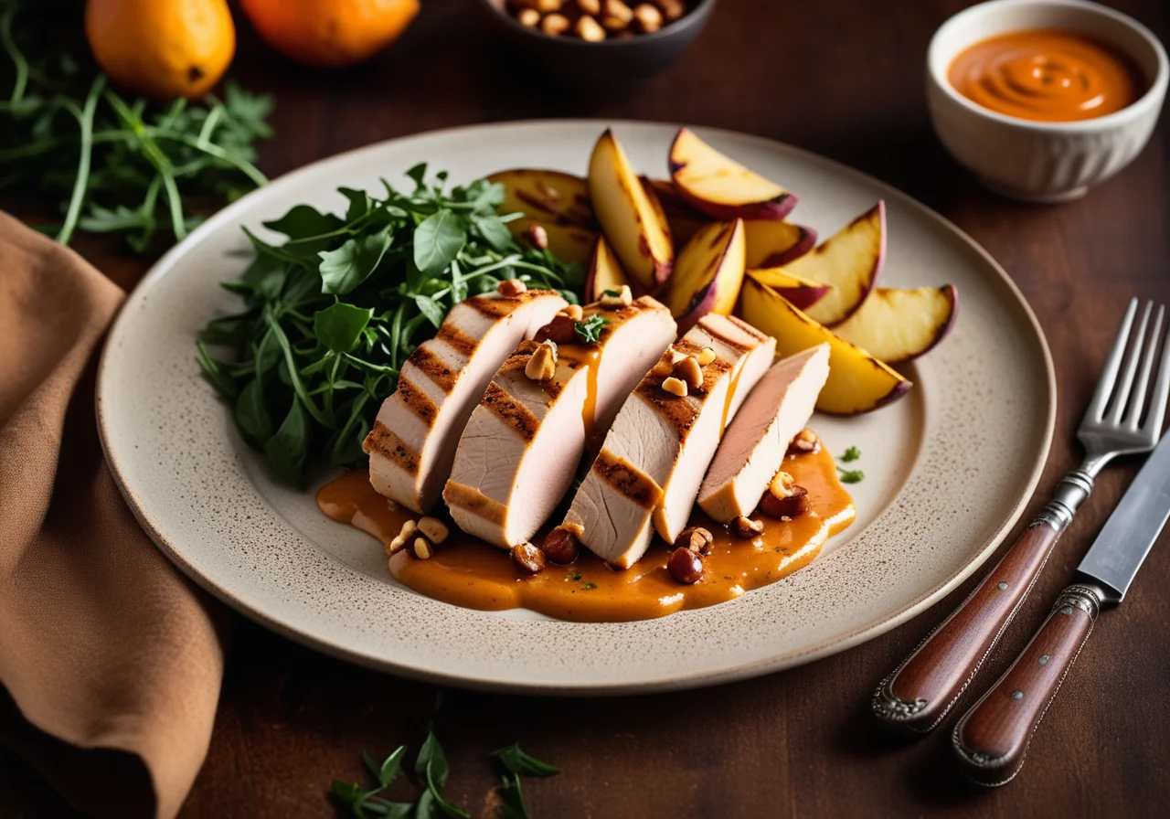Chicken Breast Fillets with Paprika-Hazelnut Sauce and Roasted Potatoes