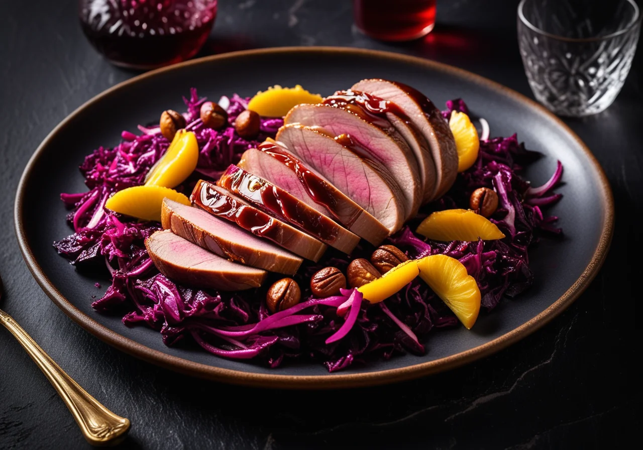 Duck breast with red cabbage and chestnuts