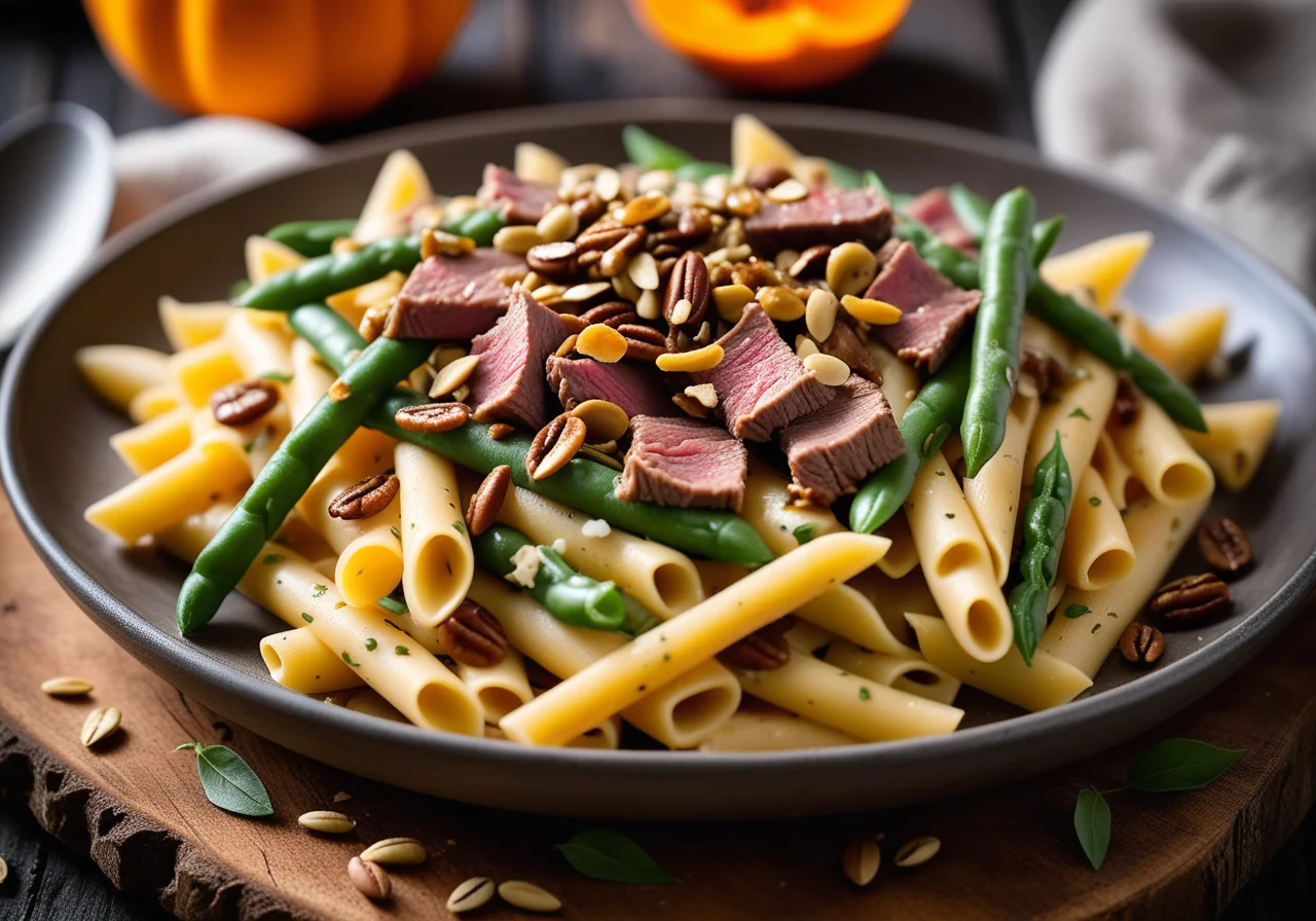 Pasta with Beef, Green Beans and Gorgonzola